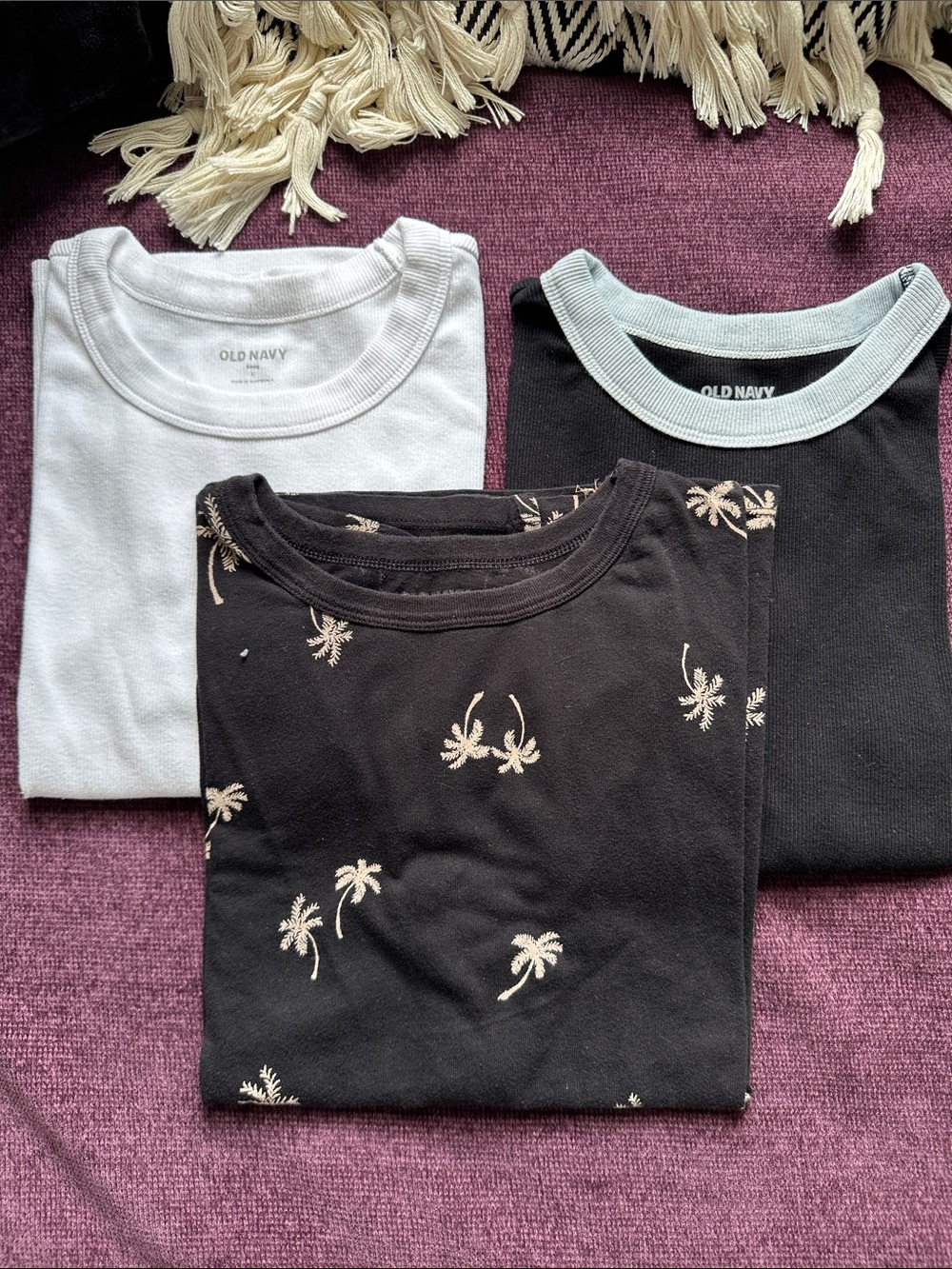 Old Navy Black Tee with Cream Palm-Print + White and Black Crew Tees